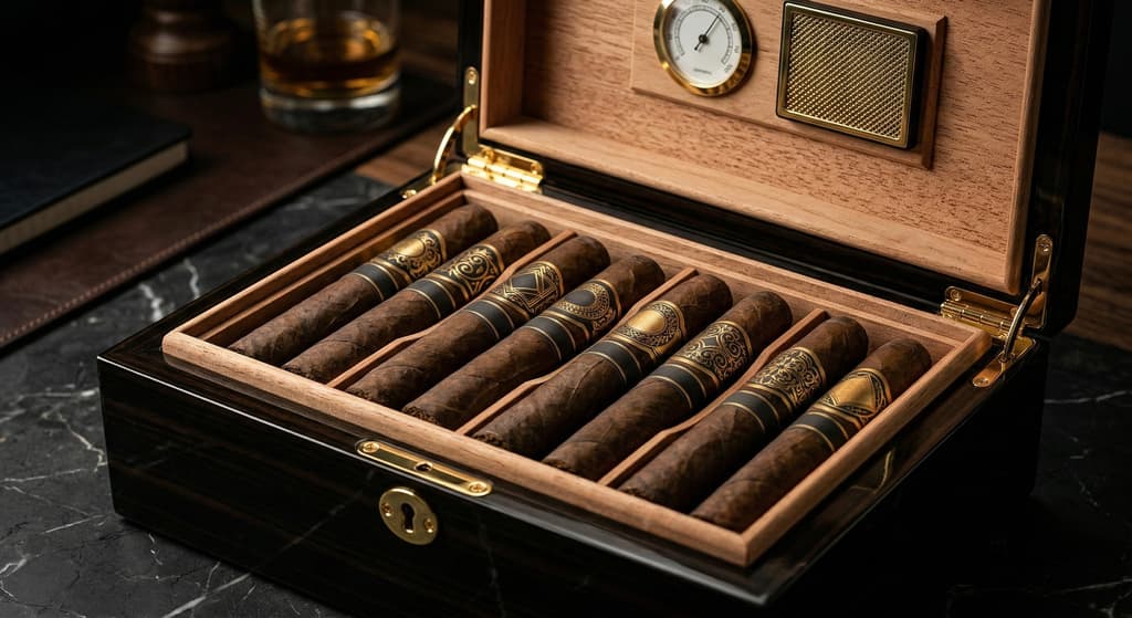 Piano lacquer cigar humidor with cigars, hygrometer, and gold hardware — manufactured by CY Atelier