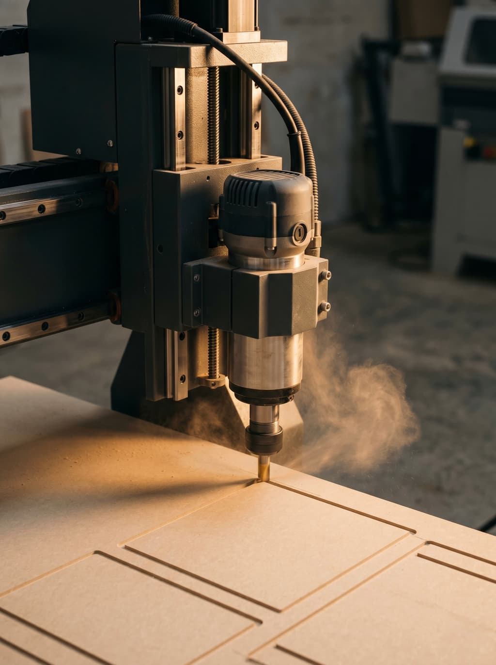 CNC router spindle shaping premium E0/P2 MDF panel with sawdust visible under warm workshop light — precision machining within the CY Atelier manufacturing group