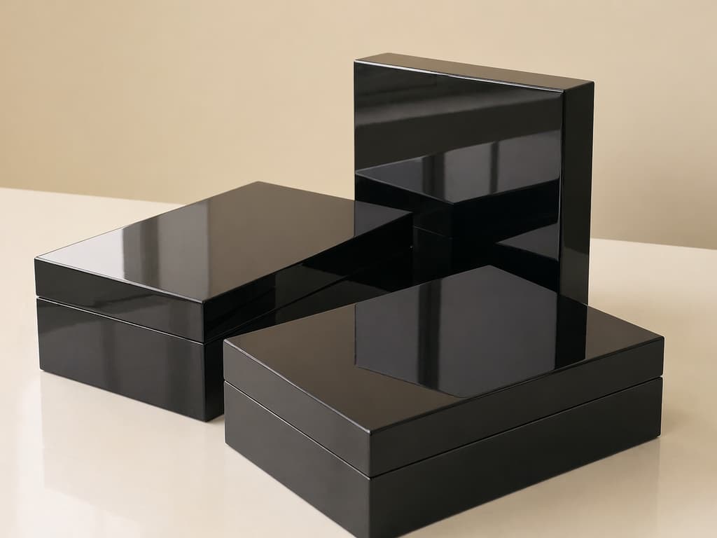 Three stacked piano-lacquered matte black wood boxes showing mirror-depth finish — multi-coat polyester lacquer with hand-sanding between coats