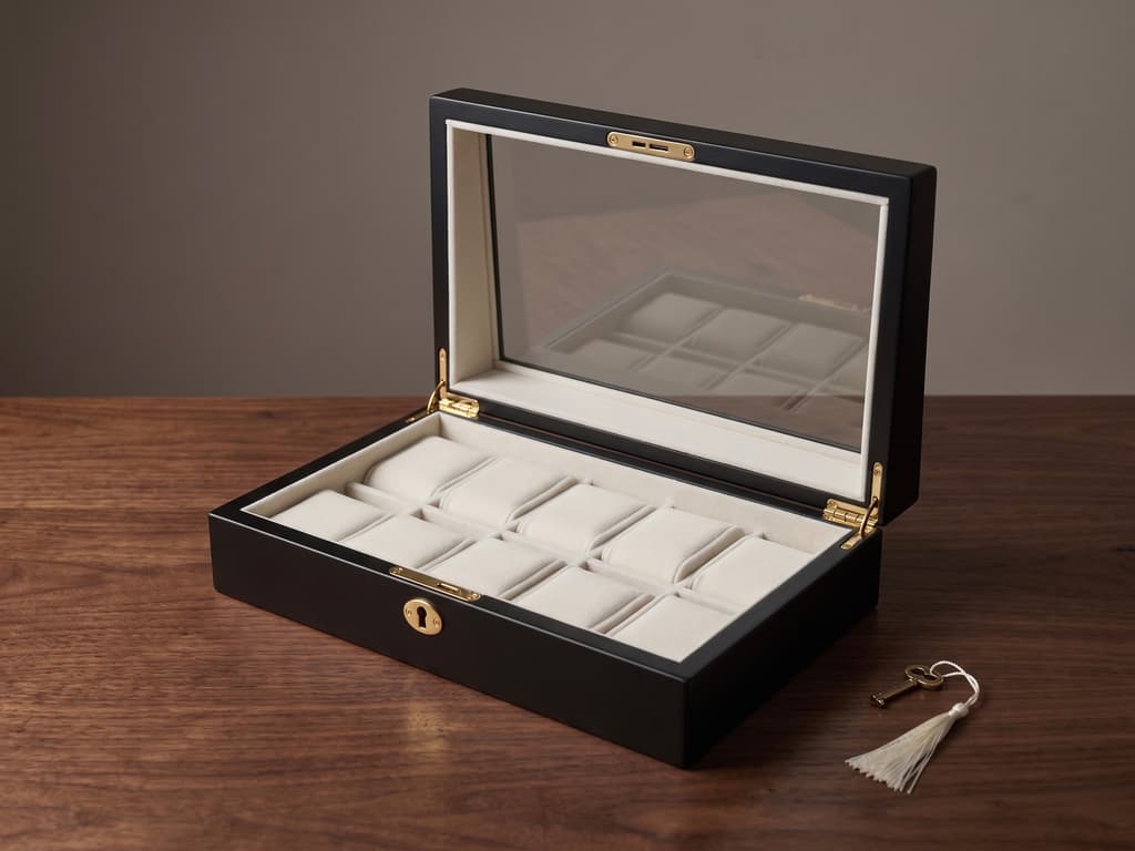 Matte black wood watch collector box, ten cushioned bays in cream flocked lining in two rows of five under a sloped wedge glass lid, polished gold-tone metal clasp and hinges, shown open on a walnut surface. Collector-grade watch box OEM by CY Atelier.